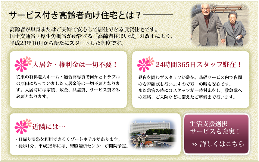 サービス付き高齢者向け住宅とは―高齢者が単身またはご夫婦で安心して居住できる賃貸住宅です。